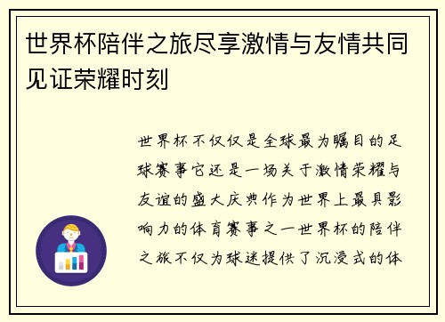 世界杯陪伴之旅尽享激情与友情共同见证荣耀时刻