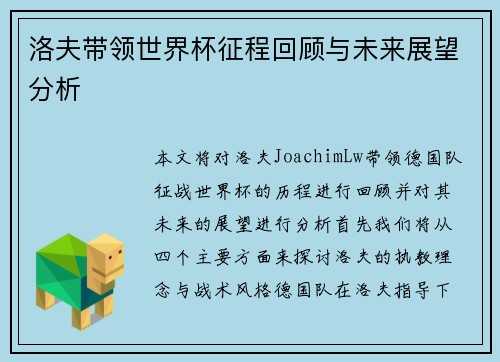 洛夫带领世界杯征程回顾与未来展望分析
